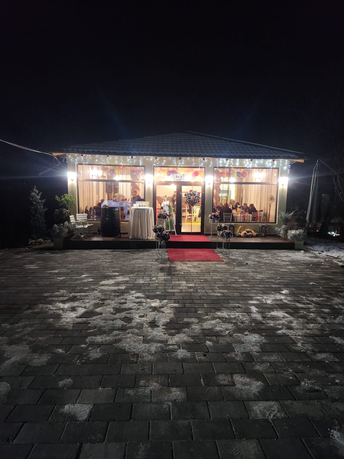 Pensiune Vila Fane Valcea - vedere de noapte cu lumini decorative si covor rosu